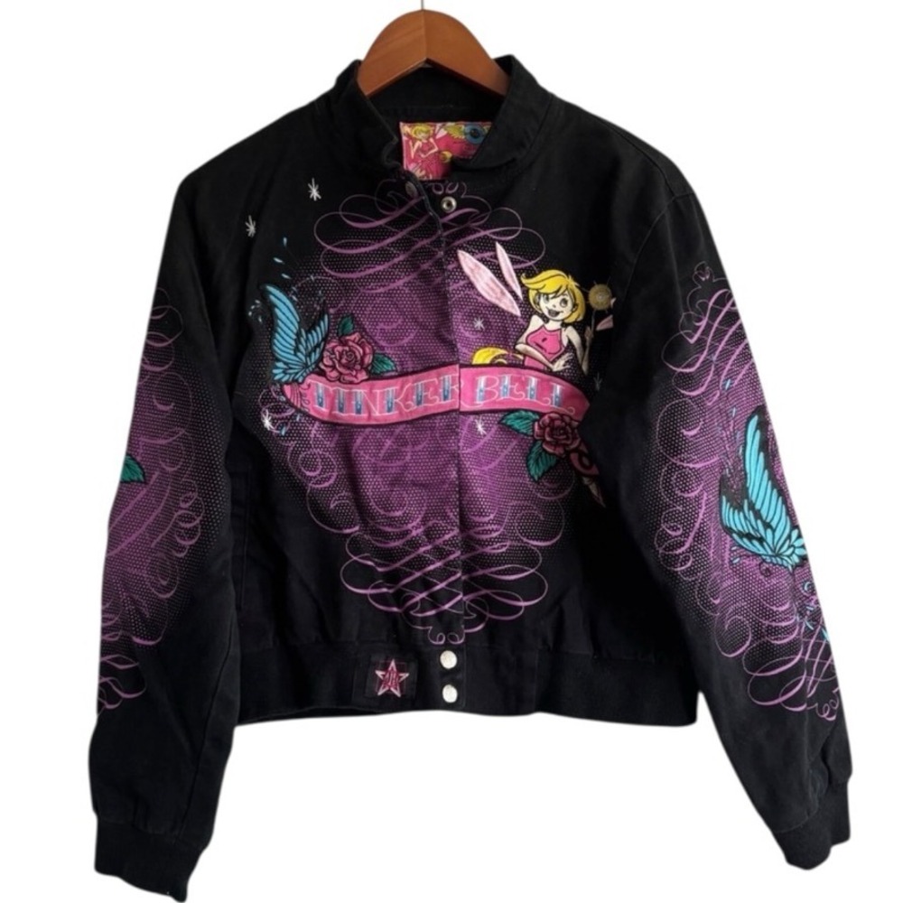 JH Design Tinker Bell Bomber Jacket crop Black Pink Butterfly Fairies Youth XL